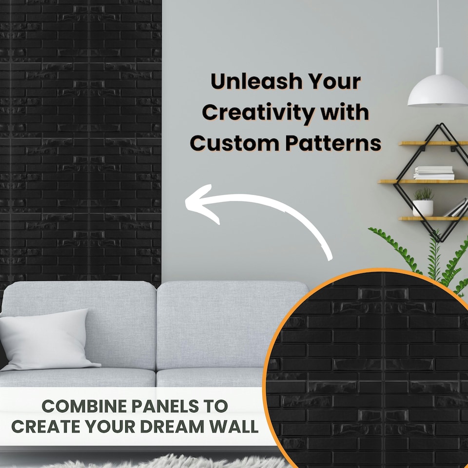 image 1 of NOVECRAFTO Brick Effect 3D Wall Panels – 6 Sheets Covering 1.5m² | 16.15ft² Interior Cladding Set | Urban Brick Design – Each Panel 50x50cm Urban Brick Black