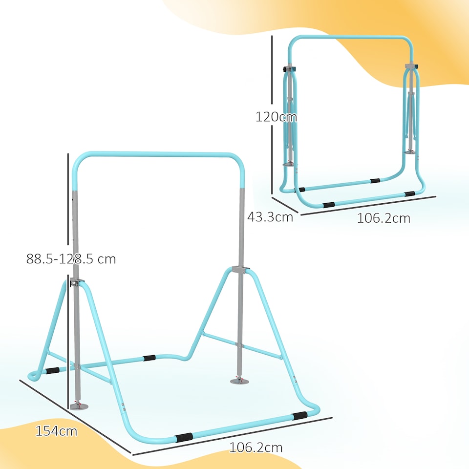 image 1 of HOMCOM Kids Gymnastic Bar w/ Adjustable Height, Foldable Training Bar - Blue | Blue | Sky Blue | 154L x 106.2W x 88.5-128.5H cm