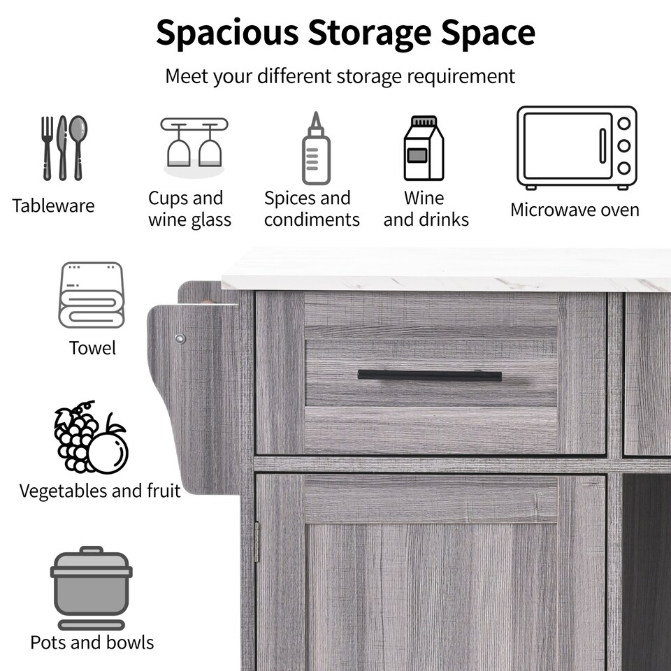 image 1 of VILUXE Mobile Kitchen Island with Foldable Marble-Effect Worktop, 3 Drawers, Adjustable Storage, Towel Holder, Wheels and Solid Wood Feet, Grey