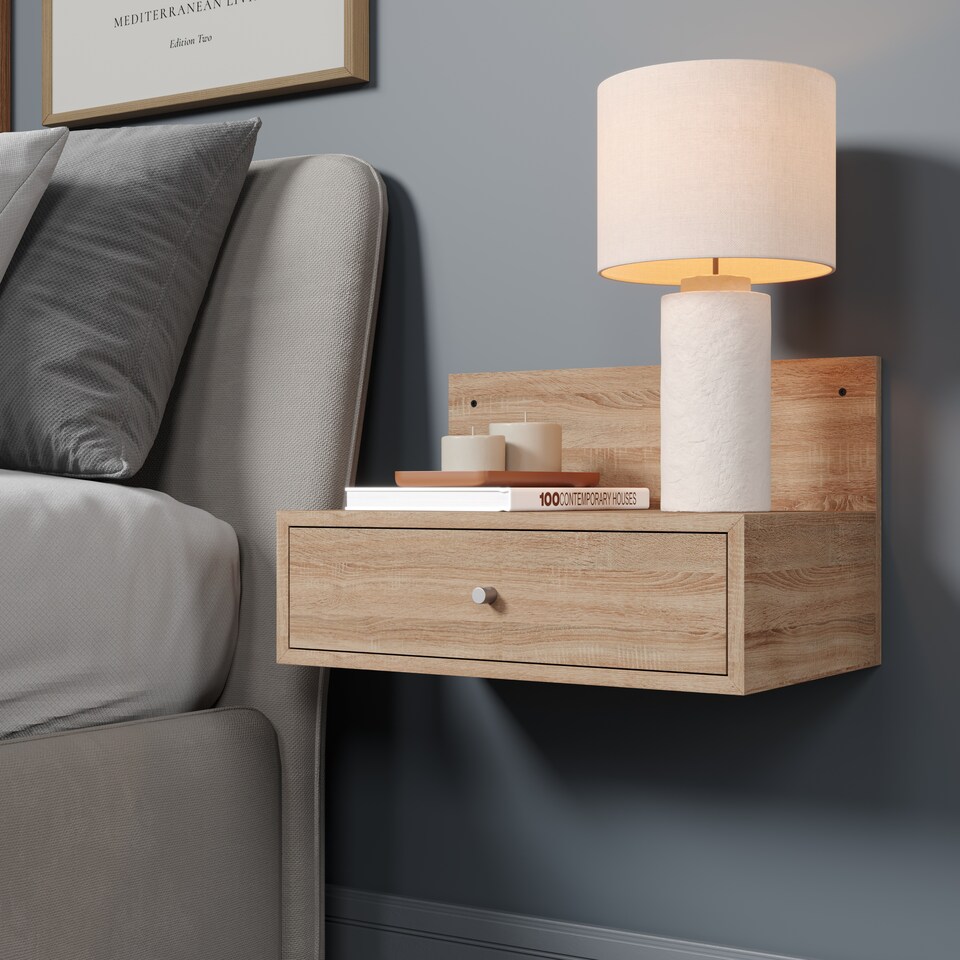 image 1 of Pair of Kelly Wall-Mounted Bedside Cabinets with Drawer - Modern Floating Bedside Tables | Brown | Oak Effect | One Size | 2
