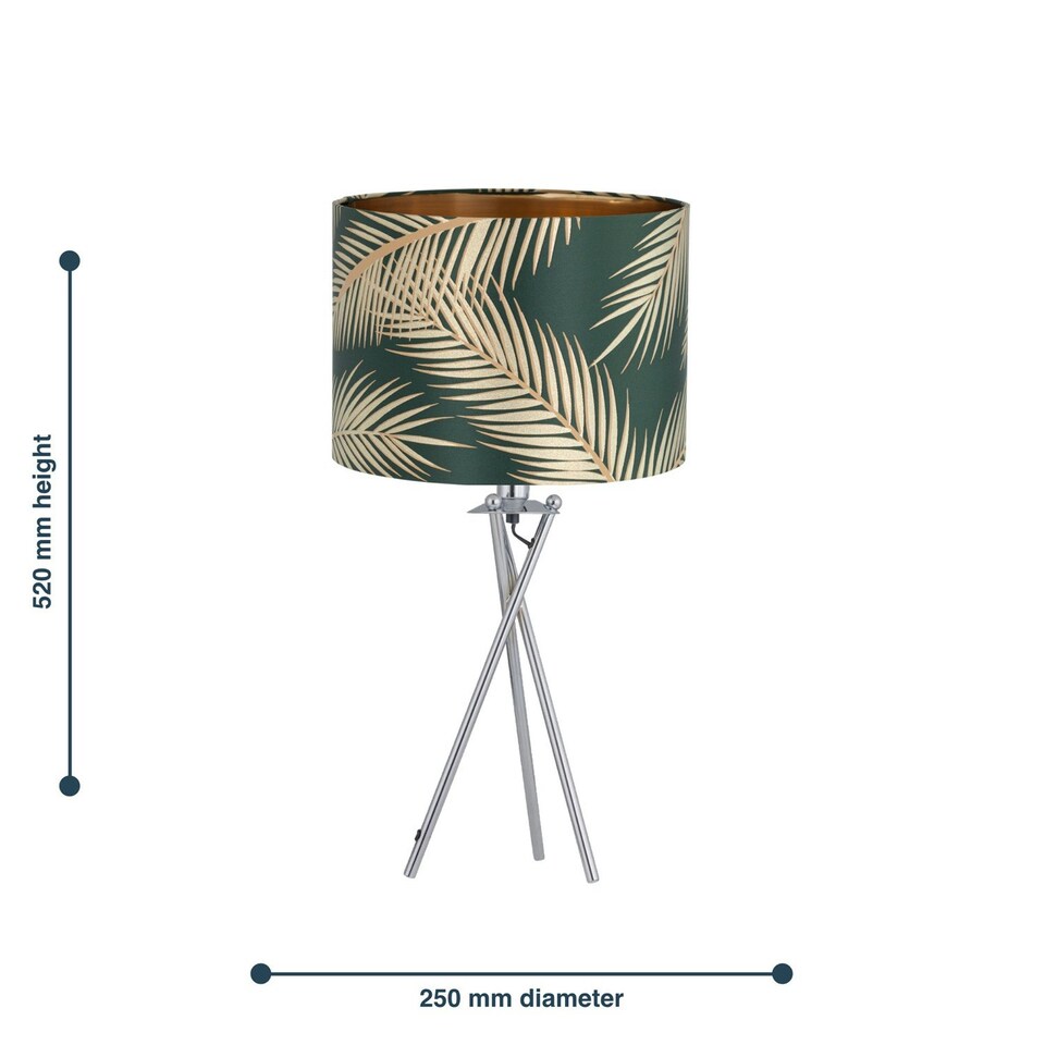 image 1 of First Choice Lighting Set of 2 Tropica Chrome Tripod Table Lamps with Dark Green and Gold Leaf Embossed Shade Chrome | Green