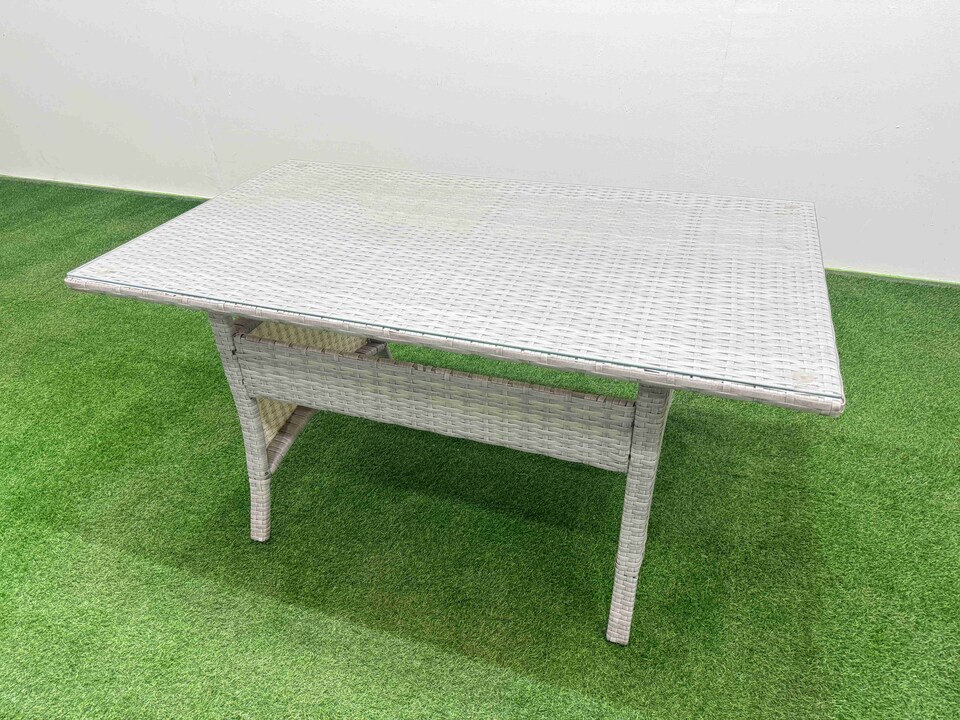 image 1 of Fimous High Back Poly Rattan Garden Furniture Set with Reclining Chair Loveseat Sofa Rectangular Dining Table Indoor Outdoor Patio  Set 2 Big Stool 2 Side Table Light Grey