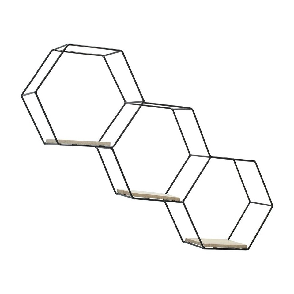 image 1 of Living and Home Iron Wall Mounted 3 Tier Hexagon Floating Dispaly Shelves- Black