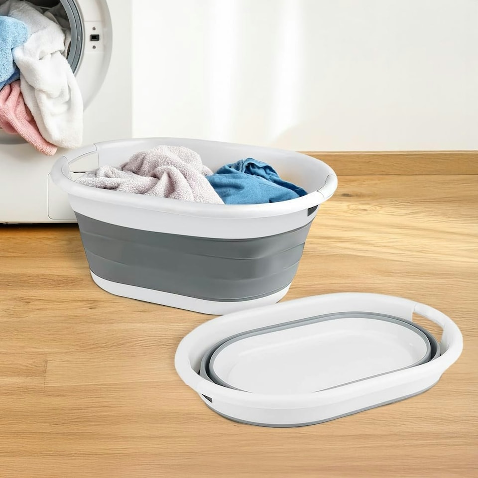 image 1 of Marco Paul Grey Plastic Collapsible Laundry Basket Large 22l Portable Storage Grey