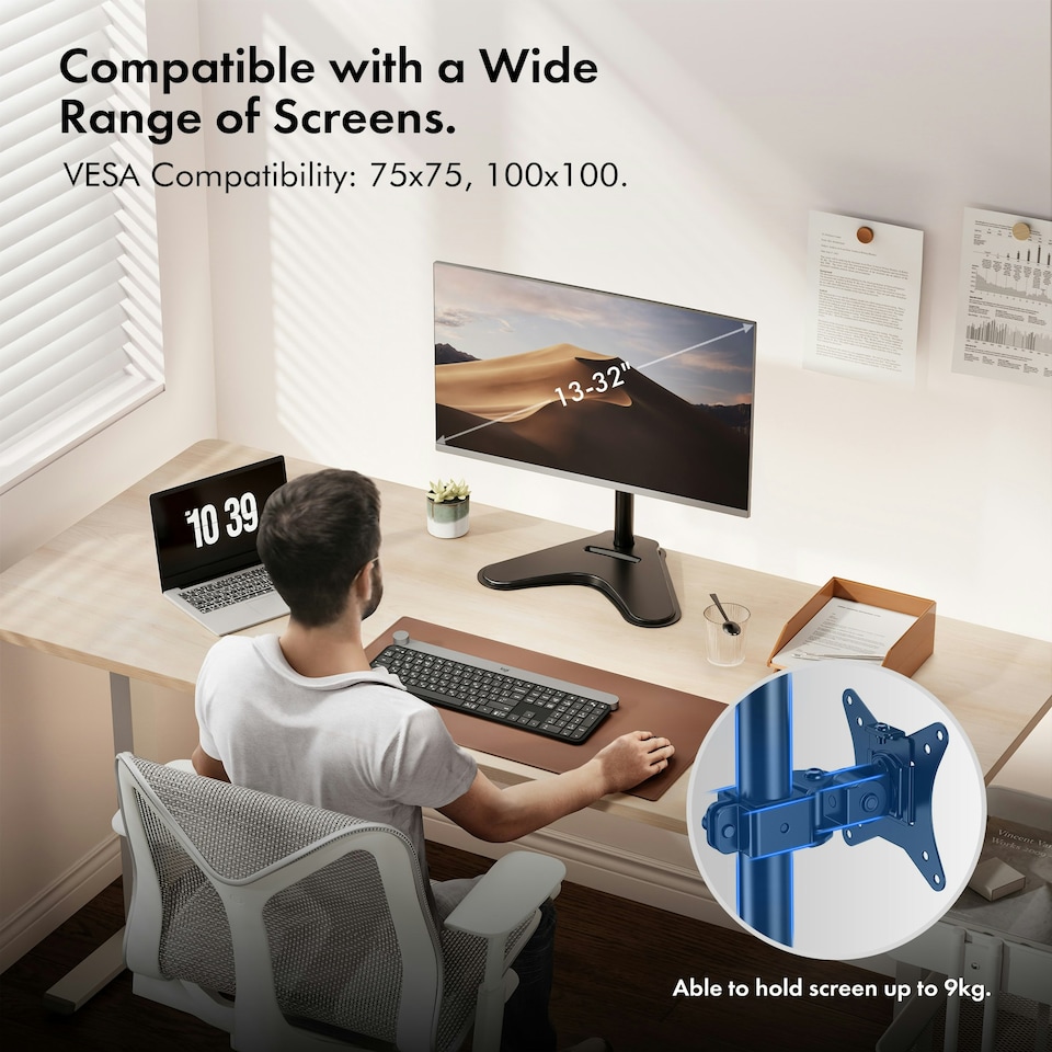 image 1 of VonHaus Height Adjustable Single Monitor Stand for 13-32" Screens