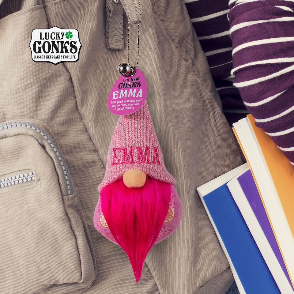 image 1 of Pre-personalised Lucky Gonk Mascot Keyring For Bag Or Backpack - Emma - 136 Names and Themes Available | Pink