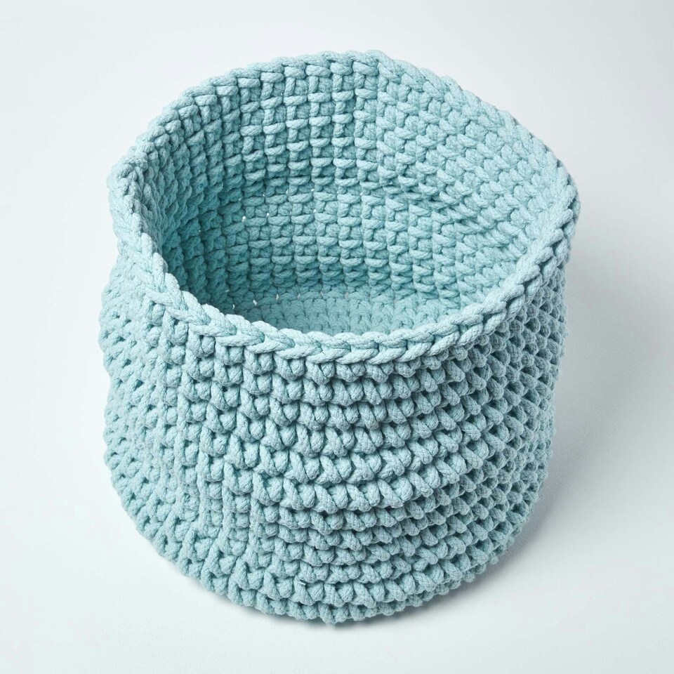 image 1 of Homescapes Pastel Blue Cotton Knitted Round Storage Basket - 42 x 37 cm Blue | L