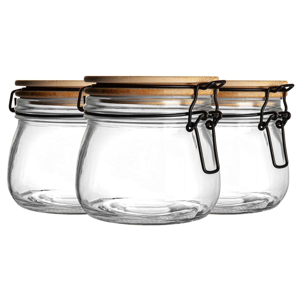 image 1 of Argon Tableware 3x Glass Storage Jars - Wooden Clip Lid - 500ml - Airtight Kitchen Container Round Preserving Jar with Clear Seal