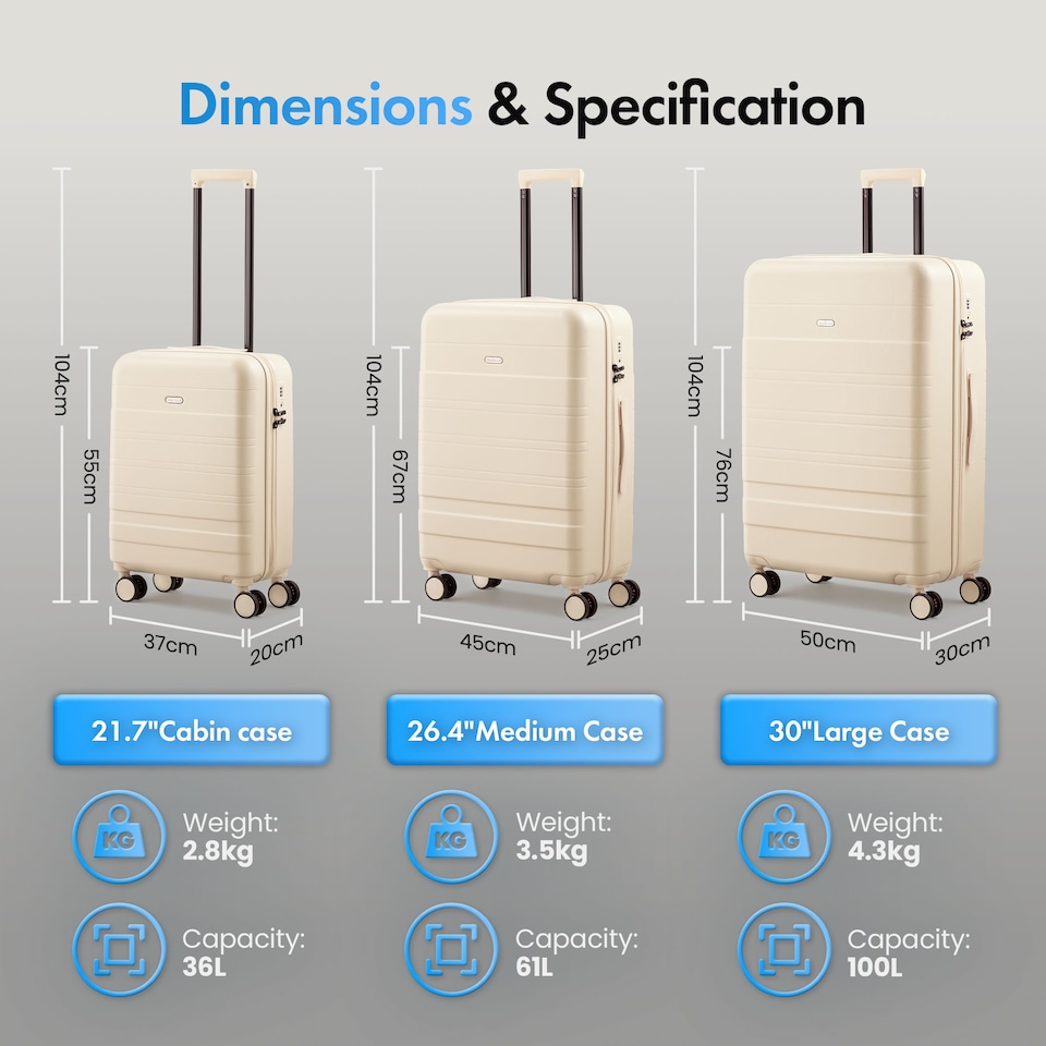 image 1 of Vonhaus Hard Shell Suitcase Set 3 Piece with TSA Lock | White | Cream