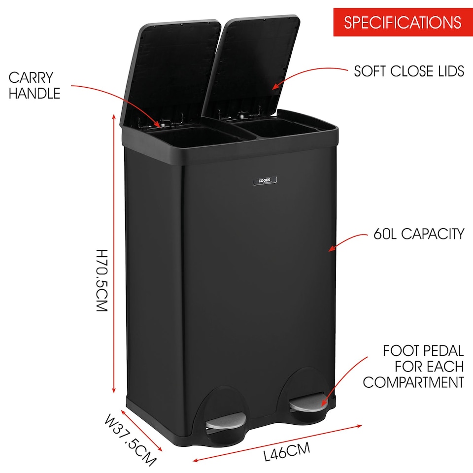 image 1 of Cooks Professional Dual Pedal Recycle Bin 60L with 2 x Compartments & Soft Close Lids | Black