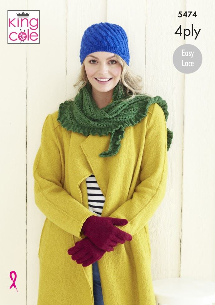 King Cole Merino Blend 4 Ply Knitting Pattern 5474, Headwear, Gloves, Scarves and Wraps for Women - One Size - Easy