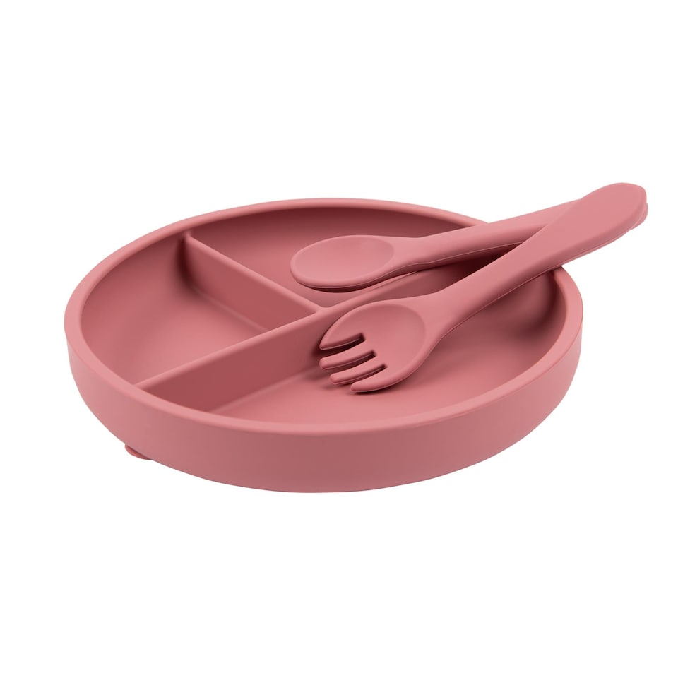 image 1 of Tiny Dining Silicone Suction Plate, Fork & Spoon Set - Dusty Rose - Silicone Baby Feeding Set for Babies, Toddlers & Kids