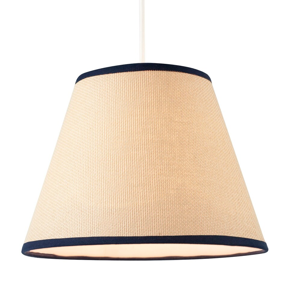 image 1 of Traditional Rattan Tweed Lamp Shade with Navy Blue Cotton Fabric Trims Blue