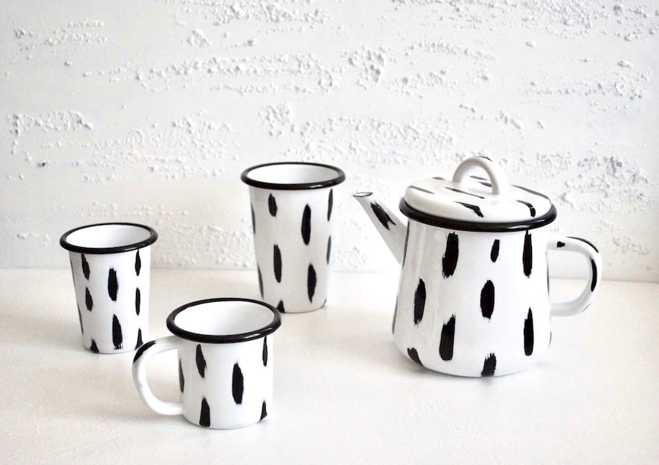image 1 of Stripe Collection Enamel Two Mugs & Teapot Gift Set