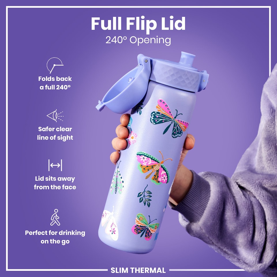 image 1 of Leak Proof Slim Water Bottle, Vacuum Insulated, 500ml (17oz) | Purple | Butterflys | One Size