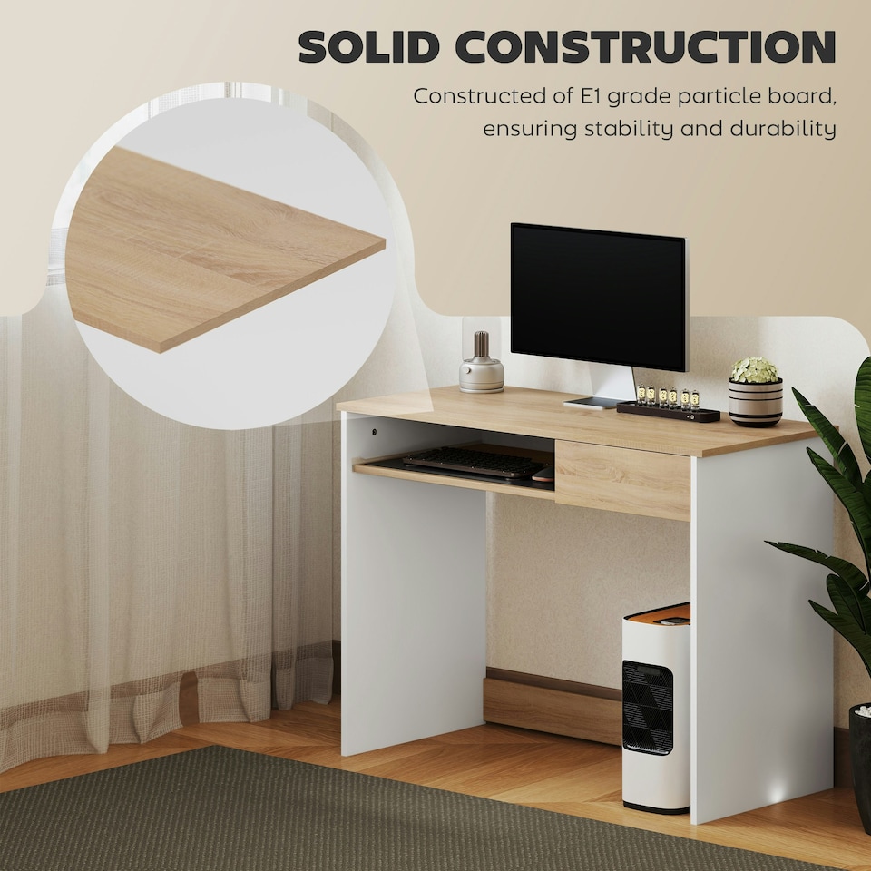 image 1 of HOMCOM Compact Computer Table with Keyboard Tray and Drawer, Oak | Brown | White | 100W x 45D x 75H cm
