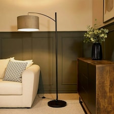 ValueLights Preto Black Metal Curve Stem Floor Lamp with a Grey Velvet Shade