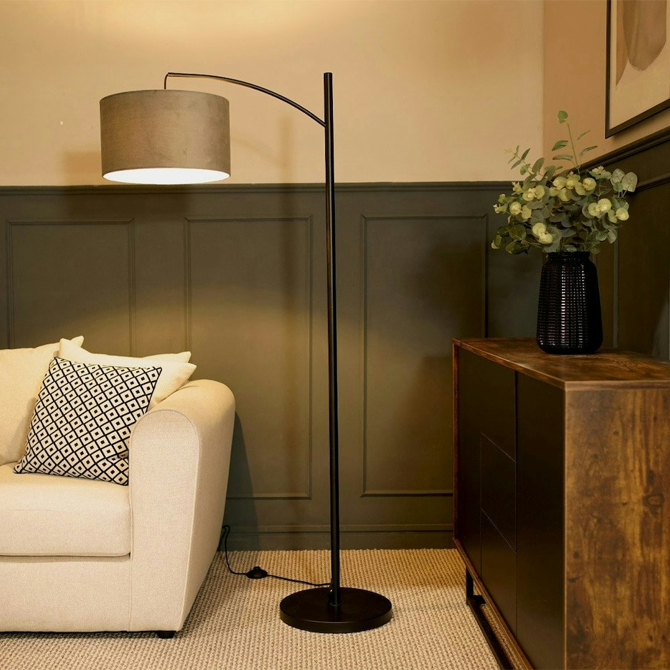 image 1 of ValueLights Preto Black Metal Curve Stem Floor Lamp with a Grey Velvet Shade