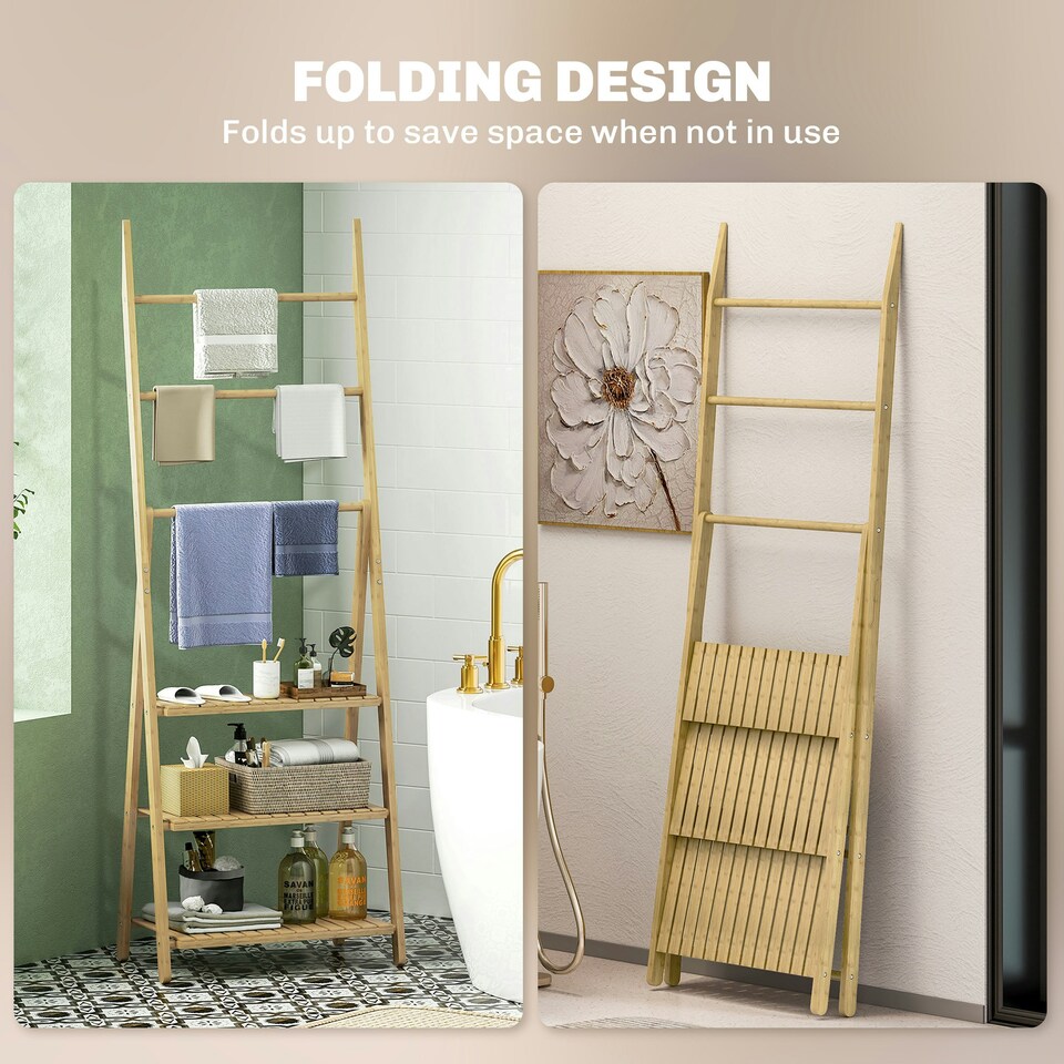 image 1 of HOMCOM 3-Tier Folding Bamboo Bathroom Storage Shelving Unit with Towel Bars