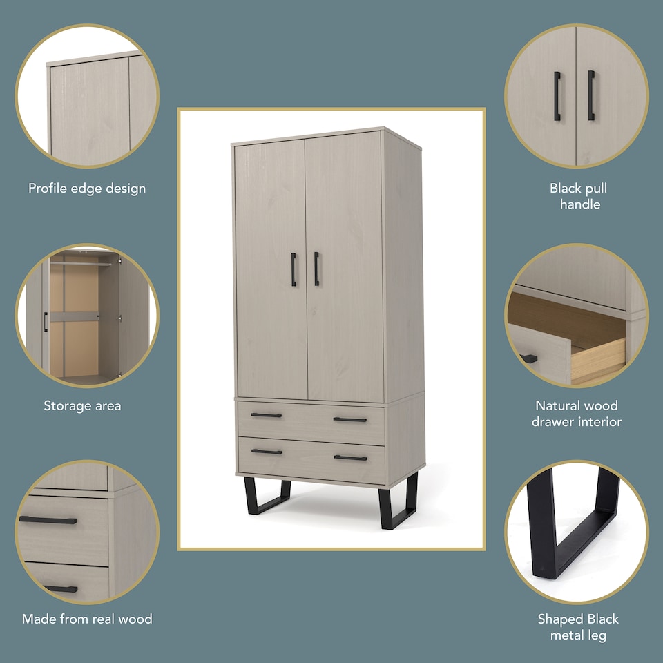 image 1 of Texas Industrial-Style Wardrobe with Drawers and Hanging Space, Antique Wax Finish | Grey | Grey | One Size | 1