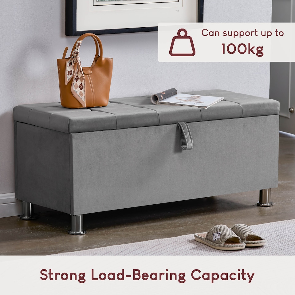 image 1 of Vida Designs Valencia Storage Ottoman Bedroom Hallway Chest Bench, Light Grey Velvet | Grey | Grey