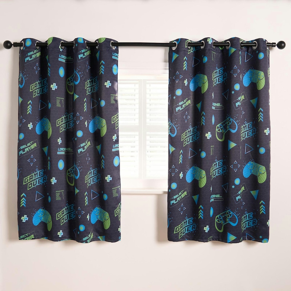image 1 of OHS Kids Gaming Blackout Eyelet Curtains Ring Top Ready Made Panel Pair, 46x54" Blue | Navy Blue