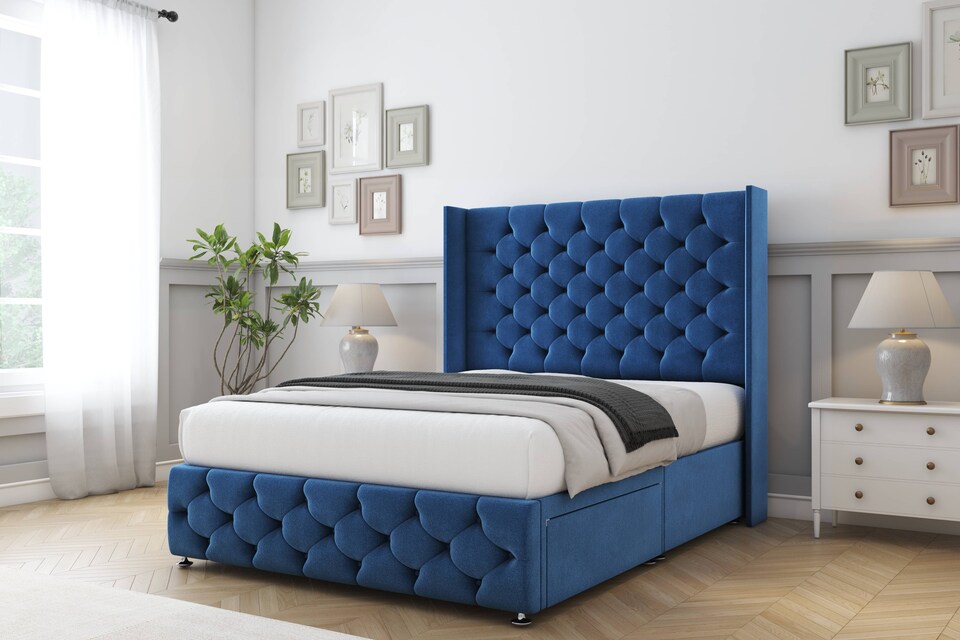 image 1 of Sloomy Luthor Navy Plush Divan Bed Base No Drawers With 54 Inch Wingback Headboard & 12 Inch Matching Footboard | Blue | Navy | King | 1