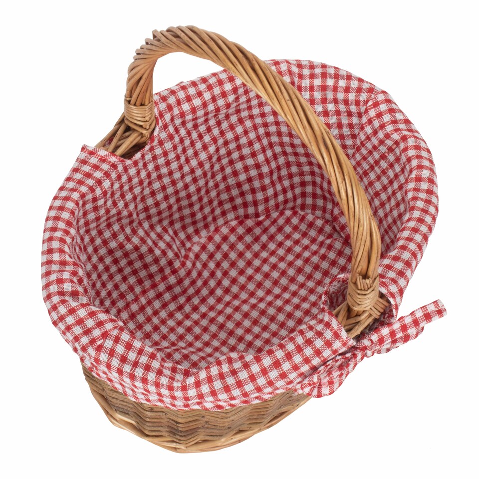 image 1 of Small Red Checked Lined Country Oval Wicker Shopping Basket | Red | Red Checked