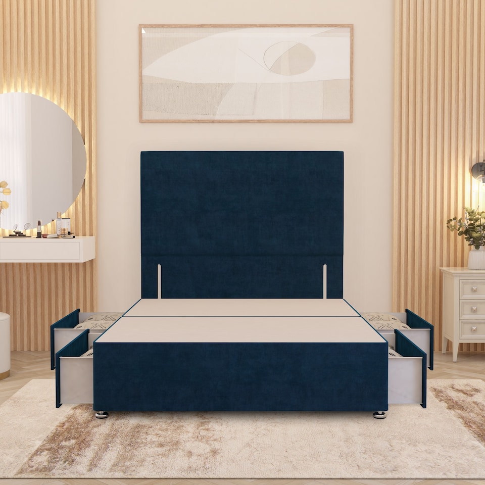 image 1 of Divan Bed Base with 4 Drawers & Plain Floor Standing Headboard Plush Velvet | Blue | Navy