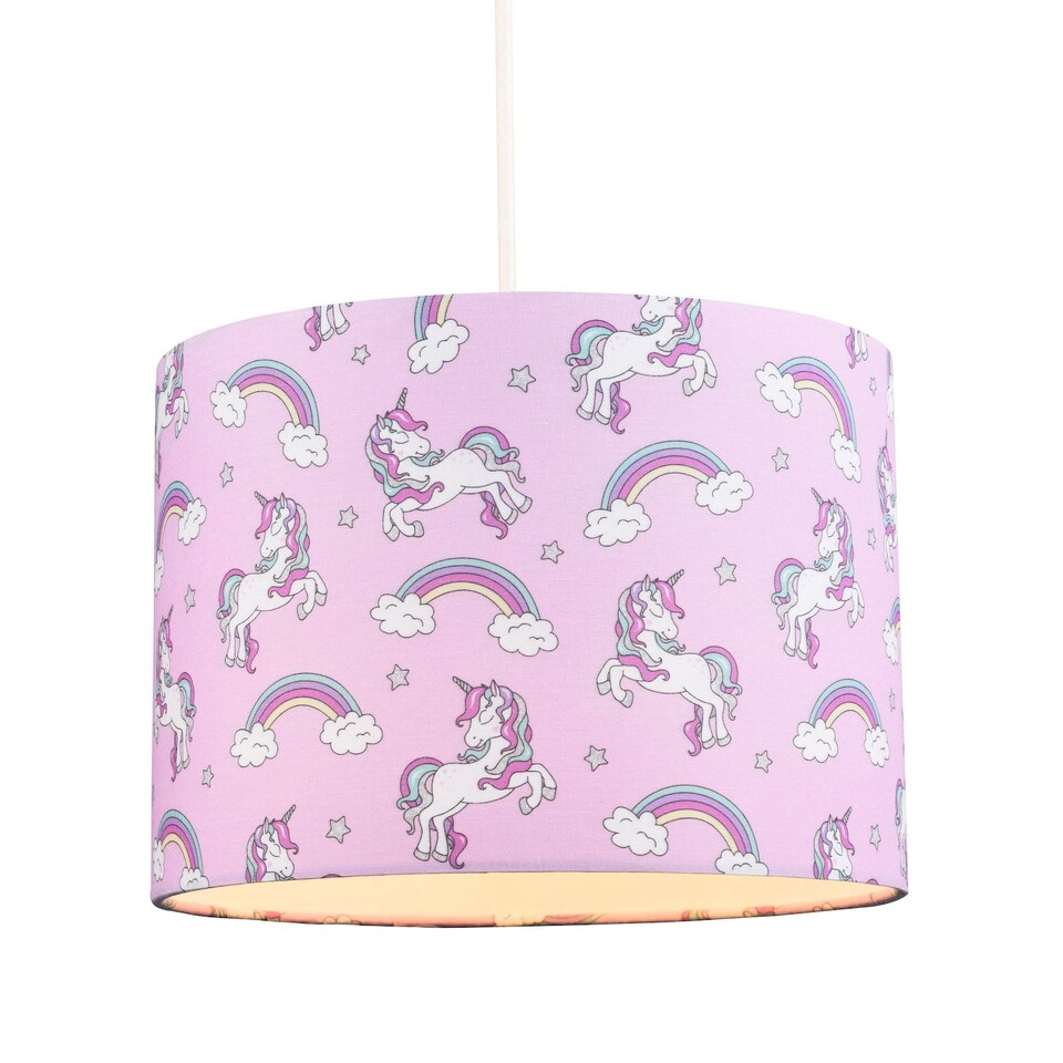 image 1 of Beautiful Modern Soft Lilac Cotton Lampshade with Unicorns Clouds and Rainbows | Purple | Lilac | 1