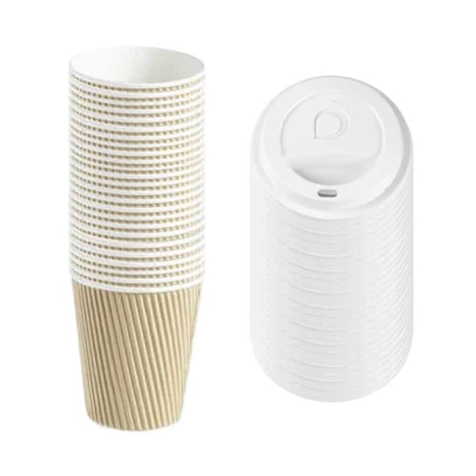 image 1 of Ribbed Kraft Paper Hot Drinks Cups with Lids 340ml - Pack of 25
