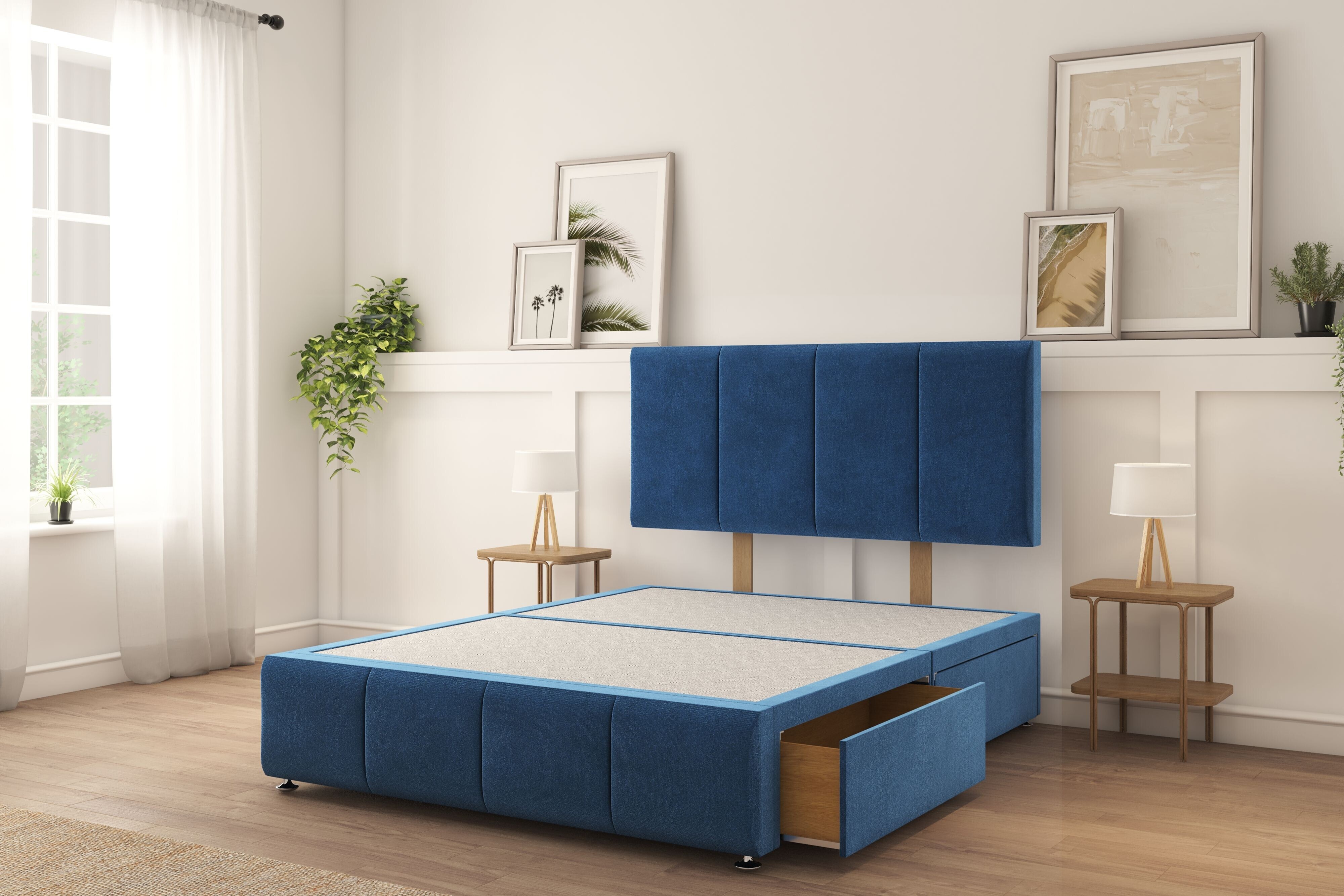 Sloomy Lisbon Navy Plush Divan Bed Base 2 Drawers Foot-End With 26" Strutted Headboard & 12" Footboard 4'6 Double