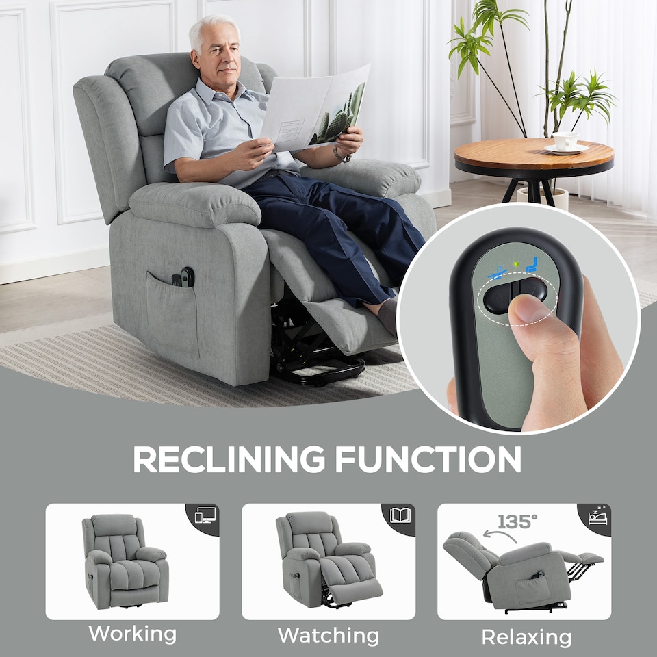 image 1 of HOMCOM Power Lift Recliner Chair with Massage, Linen Overstuffed Lift Chair for Elderly, Electric Recliner Armchair with Footrest, Remote Control and Side Pocket, for Living Room, Light Grey | Grey | Light Grey