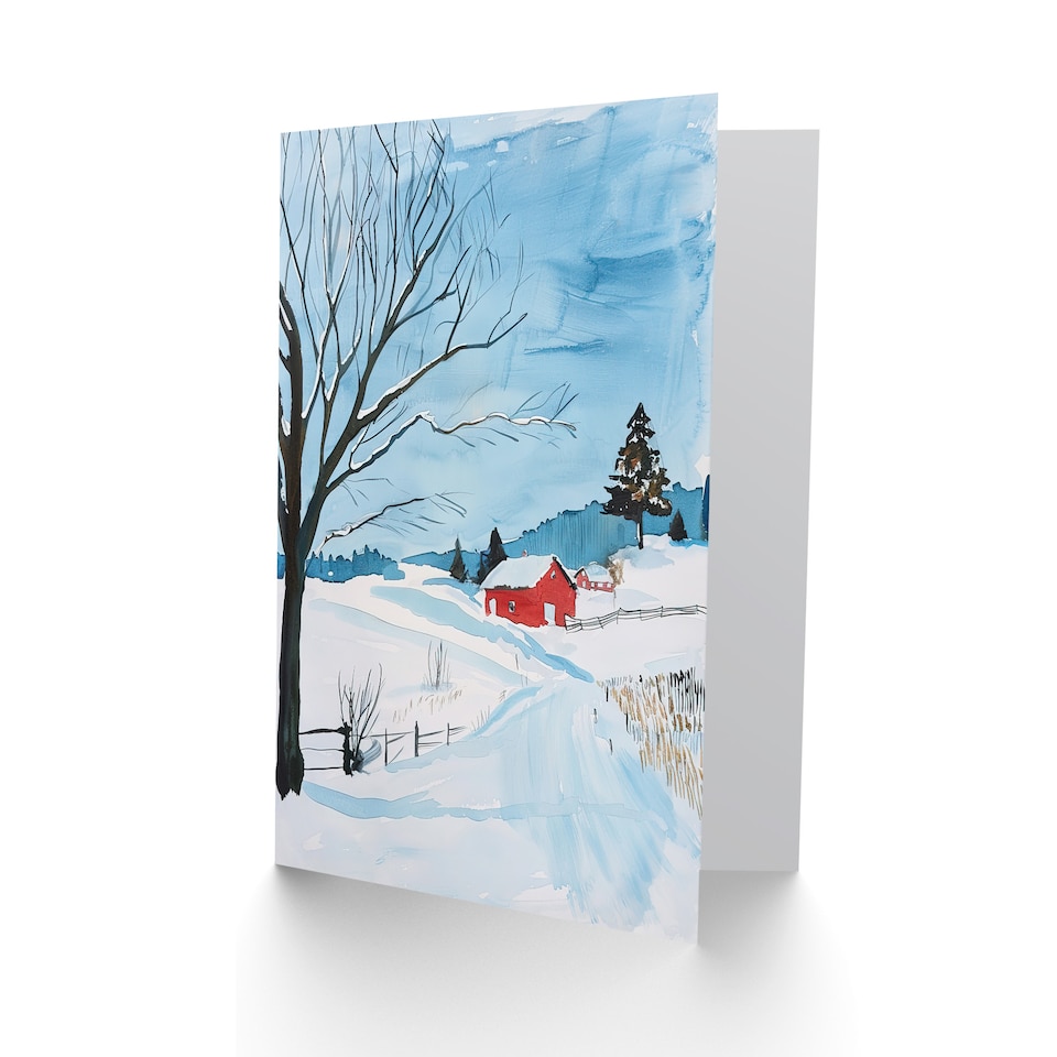image 1 of Greeting Card Red Swedish Cottage in Winter Snow Countryside Birthday