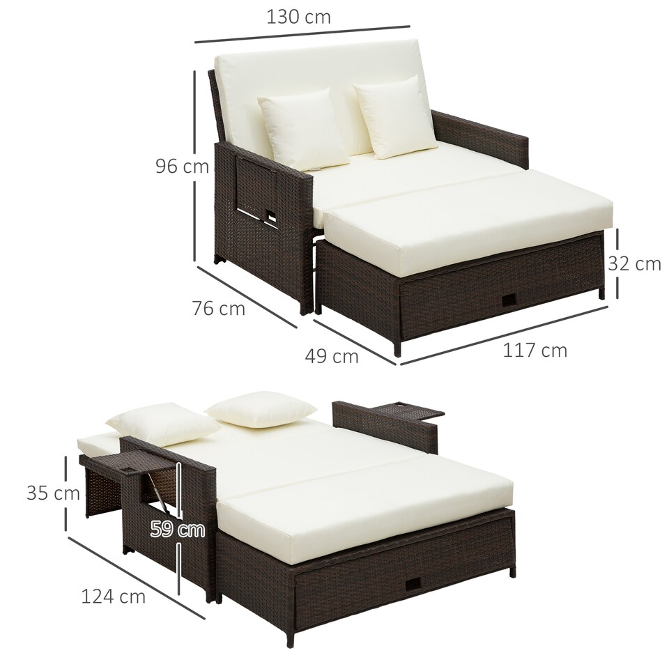 image 1 of Outsunny Rattan Garden Daybed, Assembled Double Sun Lounger with 5-Level Adjustable Back, Storage Ottoman, Cushions, Pillows and Retractable Trays, Outdoor Loveseat Sofa Bed for Patio, Brown