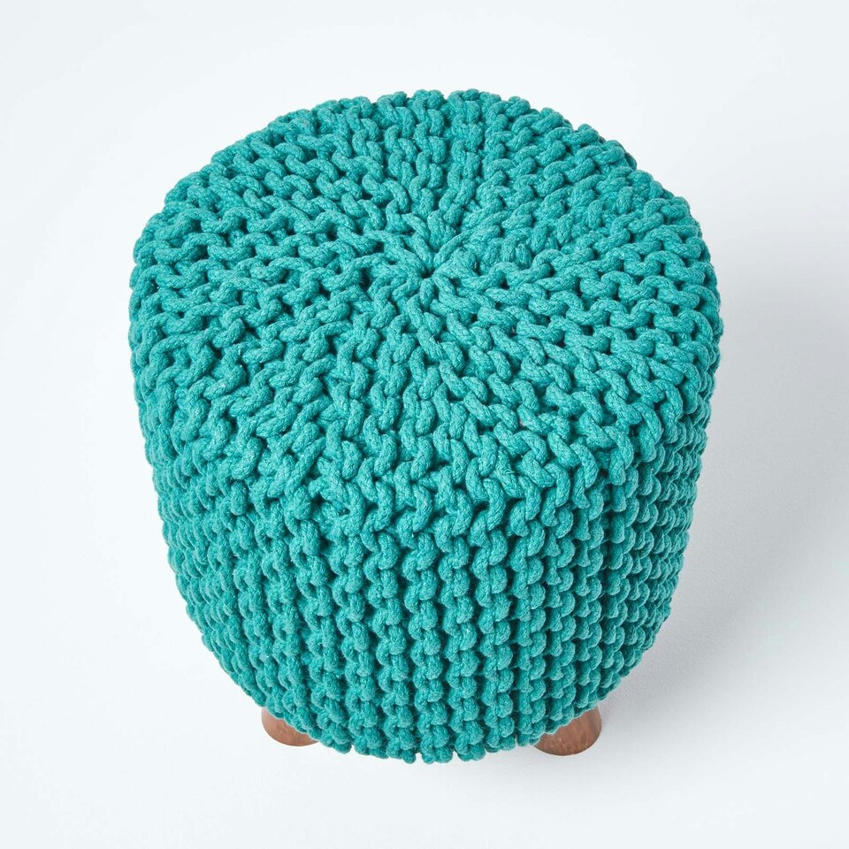 image 1 of Homescapes Teal Green Tall Cotton Knitted Footstool on Legs