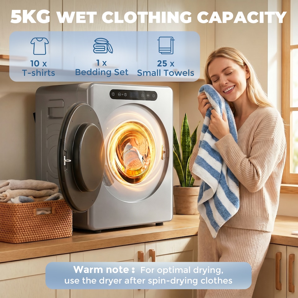 image 1 of HOMCOM 5 kg Portable Vented Tumble Dryer Machine with Timer, Silver Tone