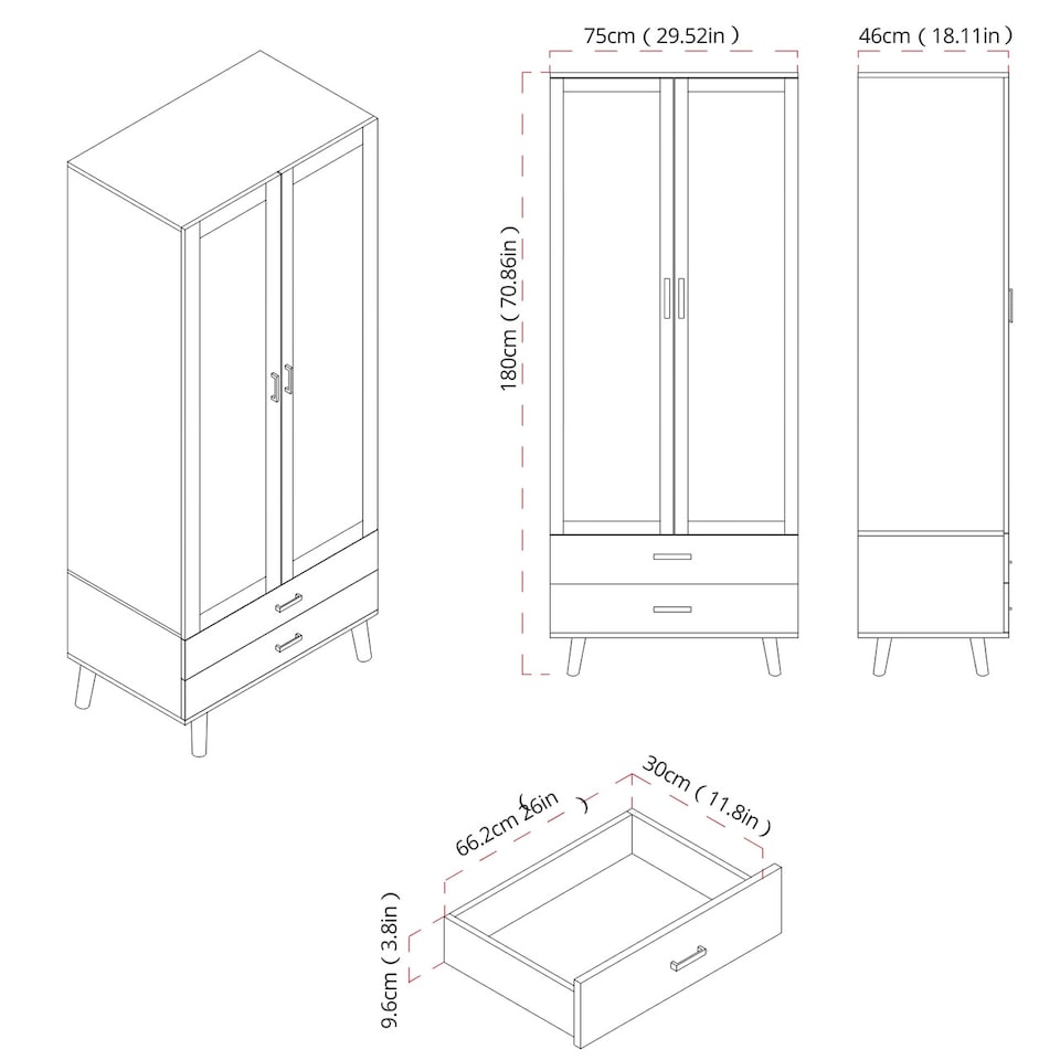 image 1 of DEVON Wardrobe 2 Door 2 Drawer Modern Bedroom Clothes Storage Hanging Rail 180cm | Grey | Grey White | 1