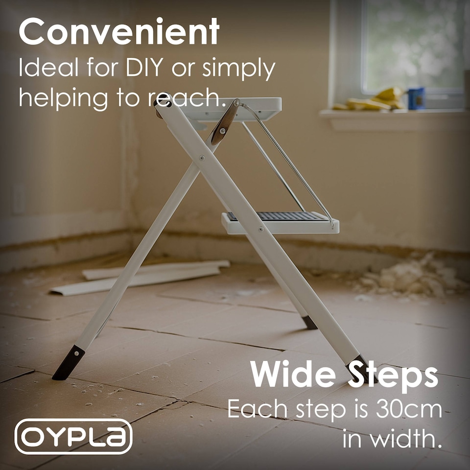 image 1 of Foldable 2 Step Ladder Stepladder Non Slip Tread Safety Steel Portable Stool | White