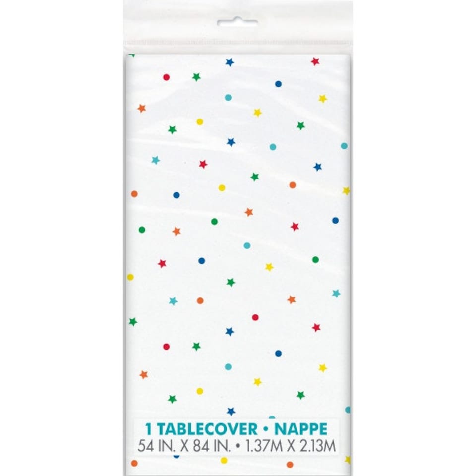 image 1 of Dots and Stars Birthday Rectangular Plastic Table Cover, 54" x 84"