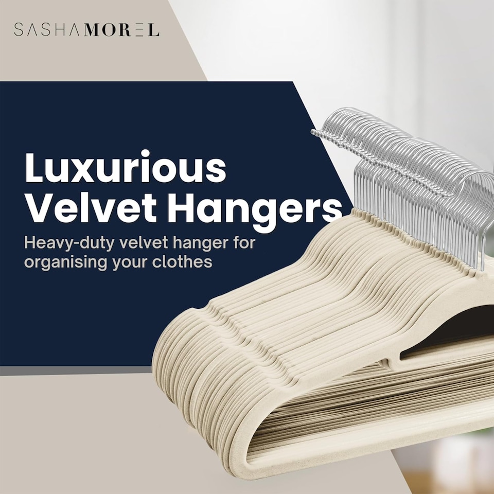 image 1 of Sasha Morel 50-Pack Cream Velvet Coat Hangers, Non-Slip Space-Saving Clothes Hangers