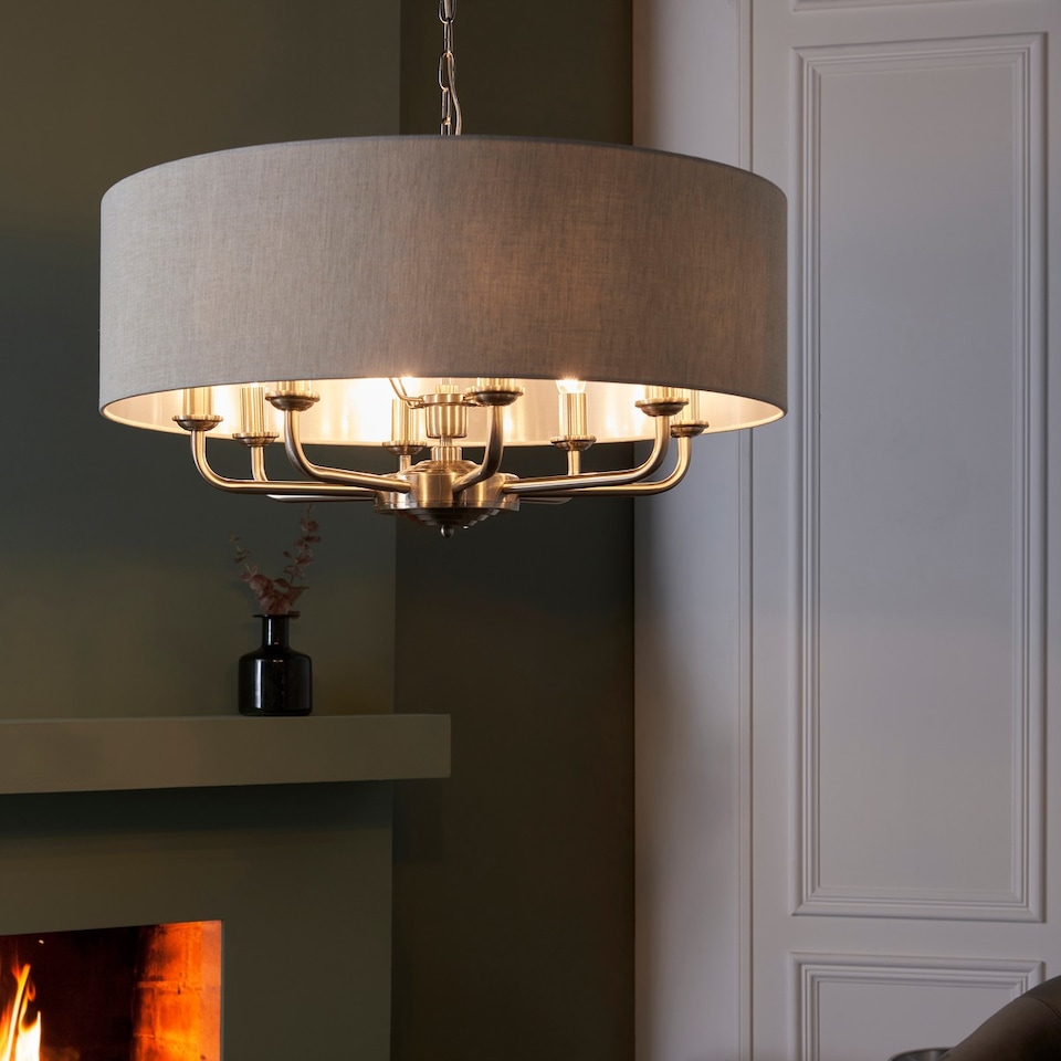 image 1 of Highclere Single Shade Pendant Ceiling Lamp, Brushed Chrome Plate, Natural Linen