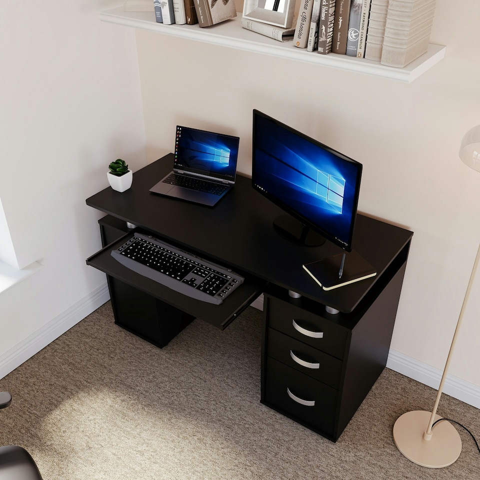 image 1 of Vida Designs Otley 3 Drawer Computer Desk Home Office Workstation, Black