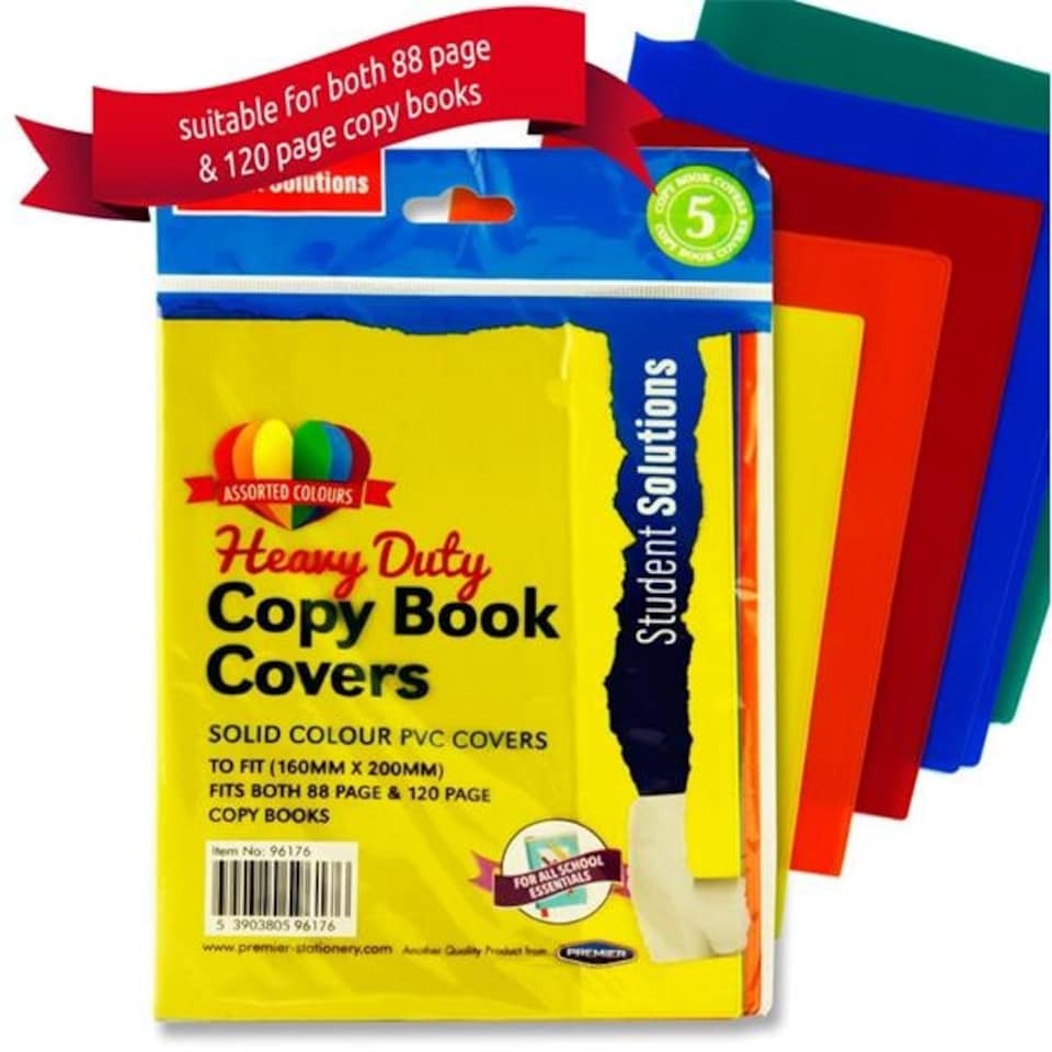 Pack of 5 PVC Assorted Solid Colours Heavy Duty Copy Book Covers by Student Solutions