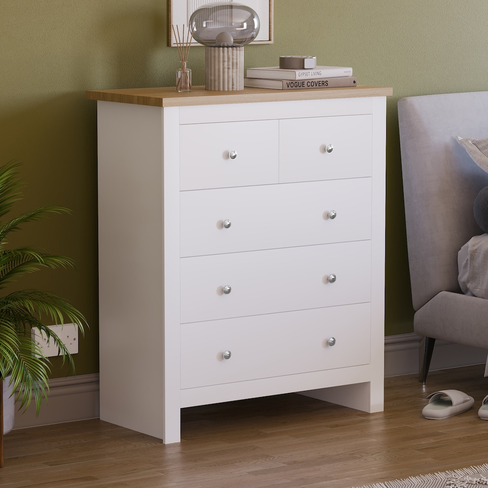 image 1 of Vida Designs Arlington 5 Drawer Chest of Drawers Shaker Bedroom Storage, White & Oak