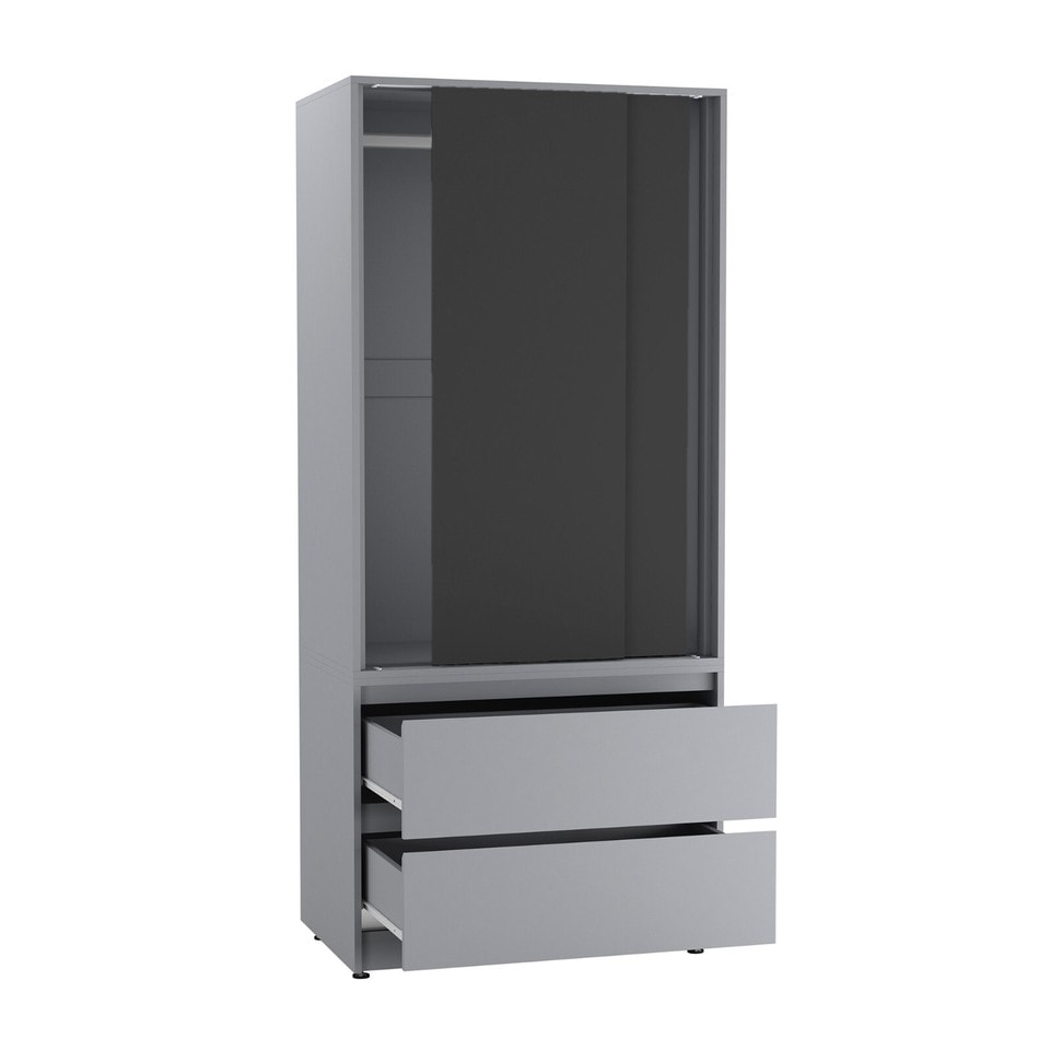 image 1 of URBNLIVING 2 Sliding Door Wardrobe With 2 Drawers And Hanging Rail | Grey | Black Doors | 1