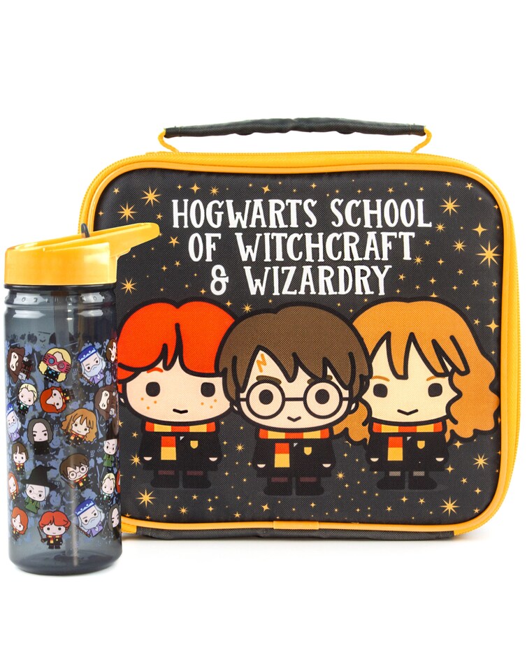 image 1 of Harry Potter Lunch Bag and Bottle Set | Character Adventure Harry, Ron, Hermione Chibi | Kids Food Carrier with Water Bottle | Insulated Bag Keeps Food Fresh