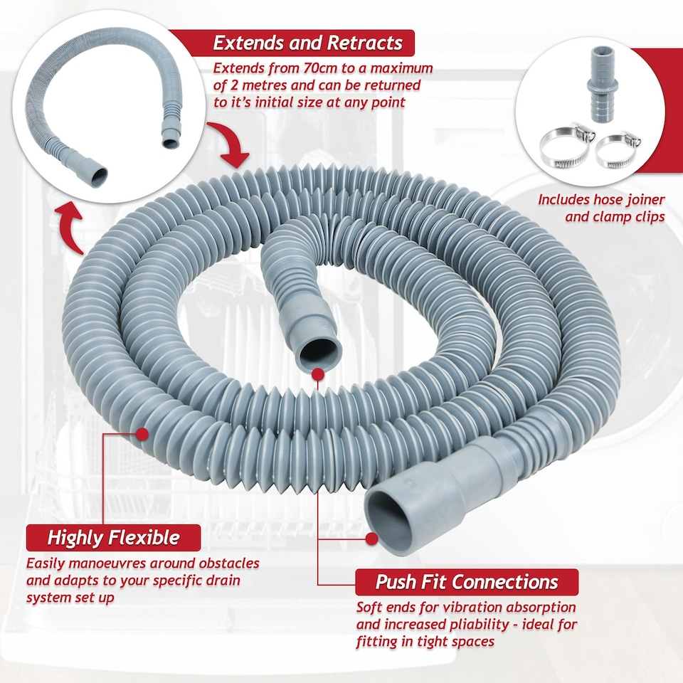 image 1 of SPARES2GO Drain Hose Extension Kit 2m Washing Machine Dishwasher Waste Water Outlet Pipe (19mm / 28mm Ends)