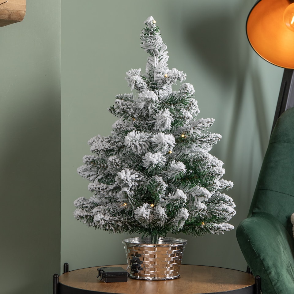 image 1 of 2ft (60cm) Pre Lit Battery LED Snow Flocked Miniature Christmas Tree with Timer