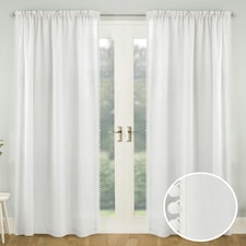 Pair of Tahiti White Pom Pom Trim Voile Panels 183 cm (72 inch) Rod Pocket Linen Look Panels for Bedroom and Living Room
